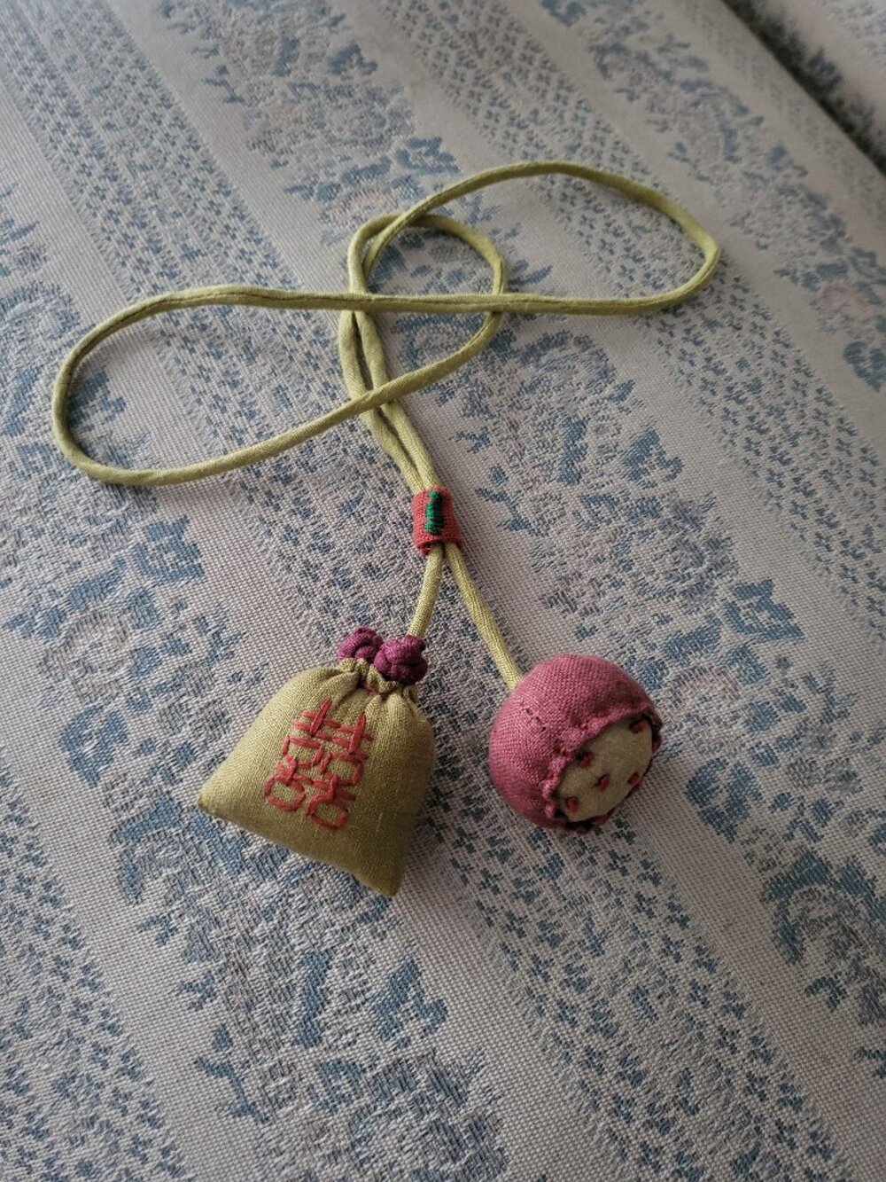 Handmade Linen Cotton Double Happiness Charm Necklace Mori Kei Boho
